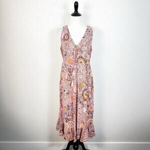 Madewell Womens Size 6 Boho Lace-Up‎ Ruffle-Hem Midi Sun Dress Bali Blooms Print